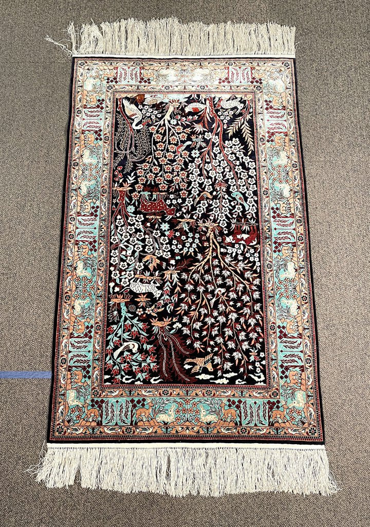 Chinese Black and Light Blue Tientsin Silk Rug with Red and Tan Accents- Silk on Silk Foundation