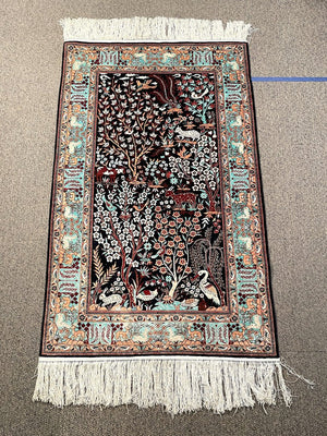 Chinese Black and Light Blue Tientsin Silk Rug with Red and Tan Accents- Silk on Silk Foundation