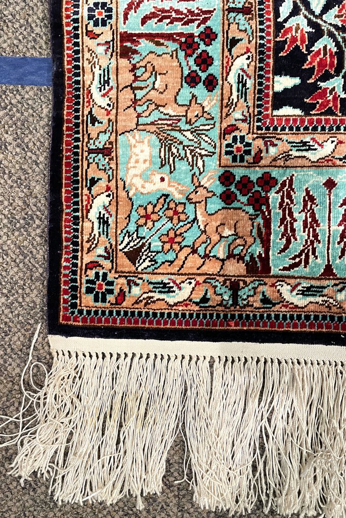 Chinese Black and Light Blue Tientsin Silk Rug with Red and Tan Accents- Silk on Silk Foundation