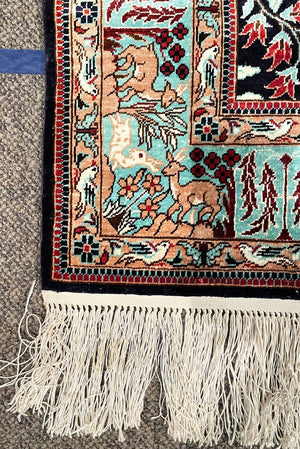 Chinese Black and Light Blue Tientsin Silk Rug with Red and Tan Accents- Silk on Silk Foundation