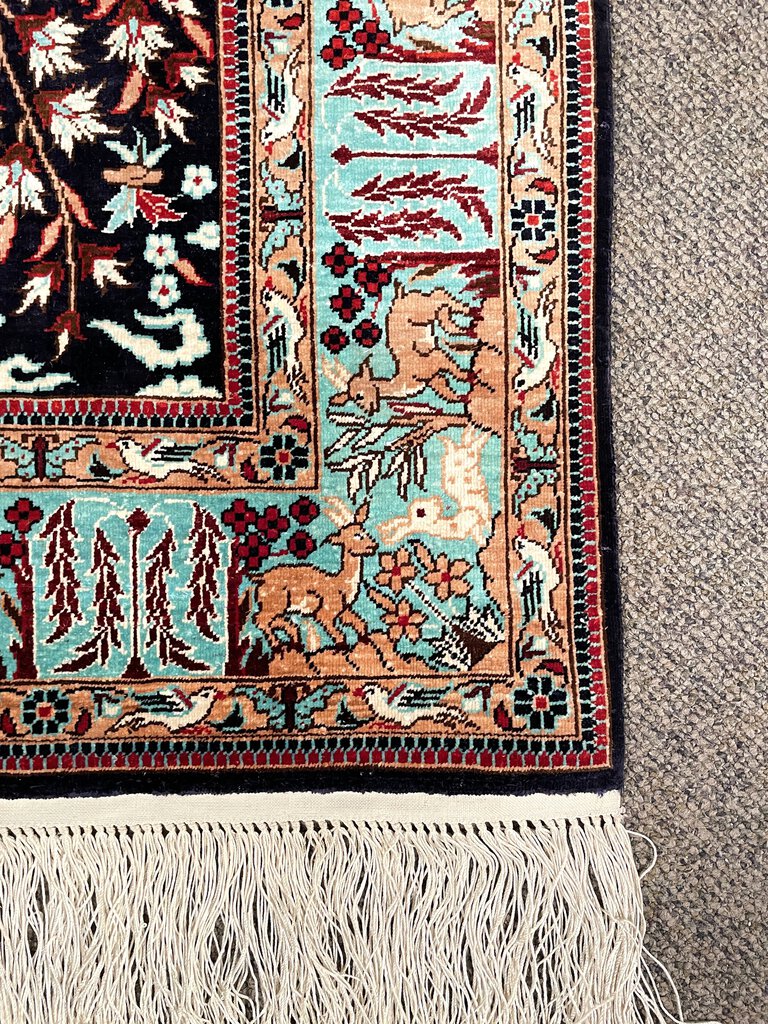 Chinese Black and Light Blue Tientsin Silk Rug with Red and Tan Accents- Silk on Silk Foundation