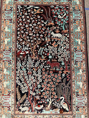 Chinese Black and Light Blue Tientsin Silk Rug with Red and Tan Accents- Silk on Silk Foundation