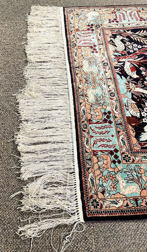 Chinese Black and Light Blue Tientsin Silk Rug with Red and Tan Accents- Silk on Silk Foundation