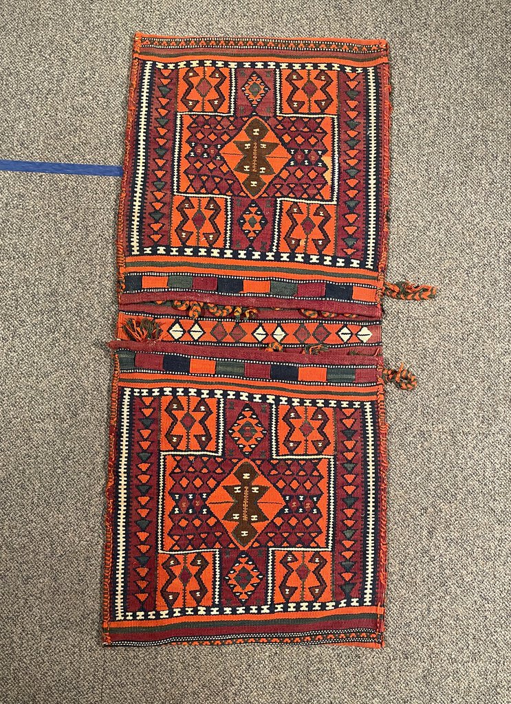 Antique Kurdish Red and Orange Saddlebag Rug with Burgundy, Brown and White Accents - Wool on Wool Foundation