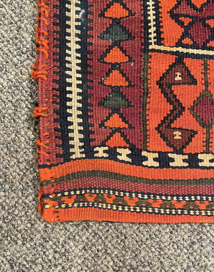 Antique Kurdish Red and Orange Saddlebag Rug with Burgundy, Brown and White Accents - Wool on Wool Foundation