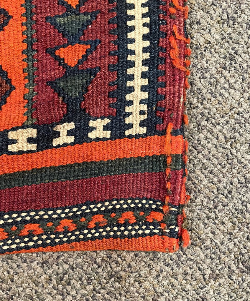 Antique Kurdish Red and Orange Saddlebag Rug with Burgundy, Brown and White Accents - Wool on Wool Foundation