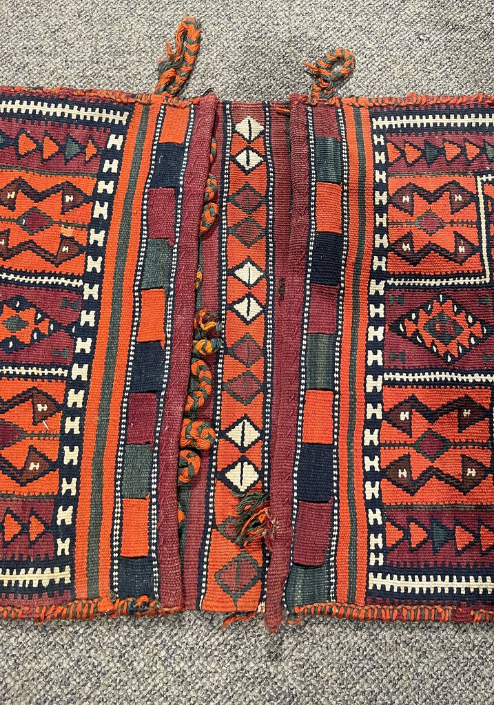 Antique Kurdish Red and Orange Saddlebag Rug with Burgundy, Brown and White Accents - Wool on Wool Foundation