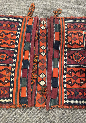 Antique Kurdish Red and Orange Saddlebag Rug with Burgundy, Brown and White Accents - Wool on Wool Foundation