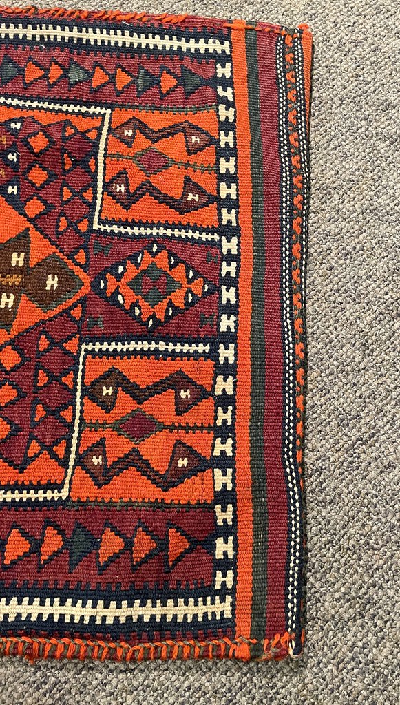 Antique Kurdish Red and Orange Saddlebag Rug with Burgundy, Brown and White Accents - Wool on Wool Foundation