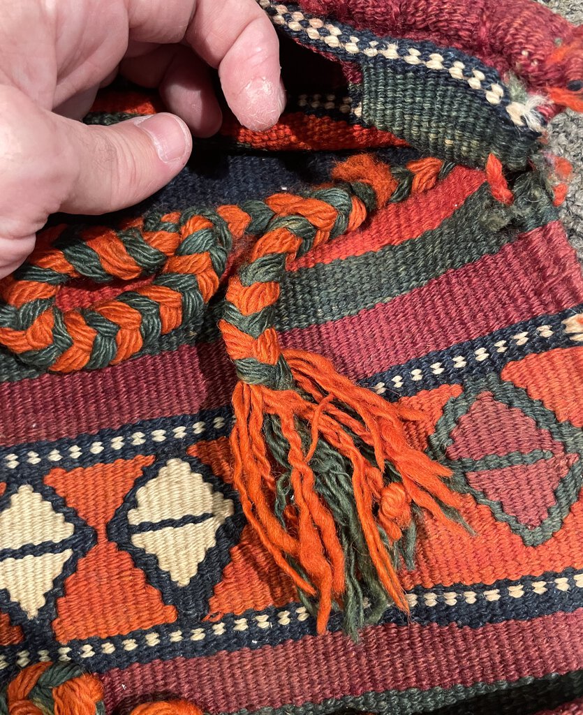 Antique Kurdish Red and Orange Saddlebag Rug with Burgundy, Brown and White Accents - Wool on Wool Foundation