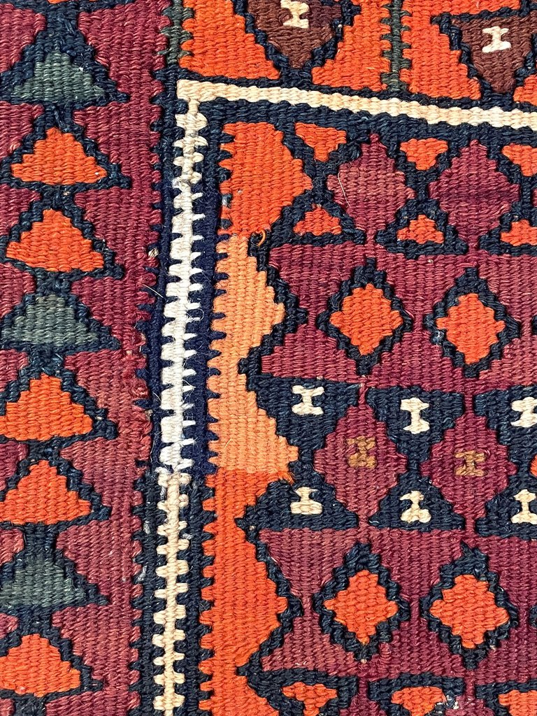 Antique Kurdish Red and Orange Saddlebag Rug with Burgundy, Brown and White Accents - Wool on Wool Foundation