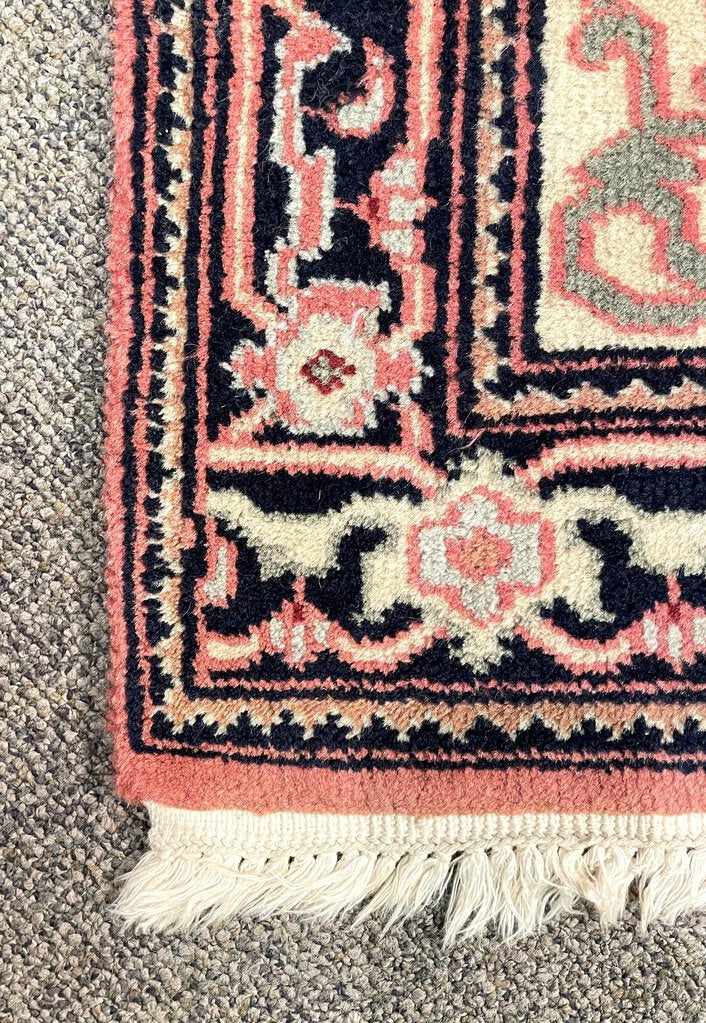 Turkish Blush Rose and Cream Sparta Rug with Black, Green and Gold Accents - Wool on Cotton Foundation