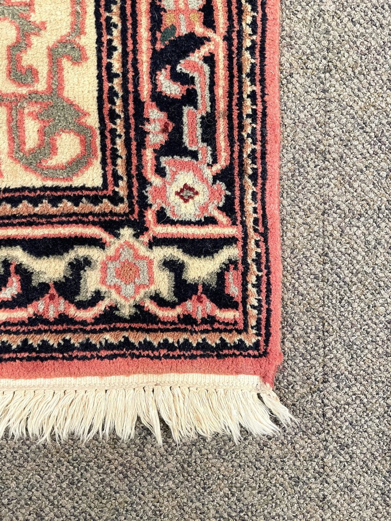 Turkish Blush Rose and Cream Sparta Rug with Black, Green and Gold Accents - Wool on Cotton Foundation