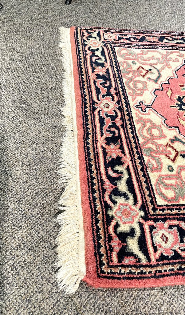 Turkish Blush Rose and Cream Sparta Rug with Black, Green and Gold Accents - Wool on Cotton Foundation