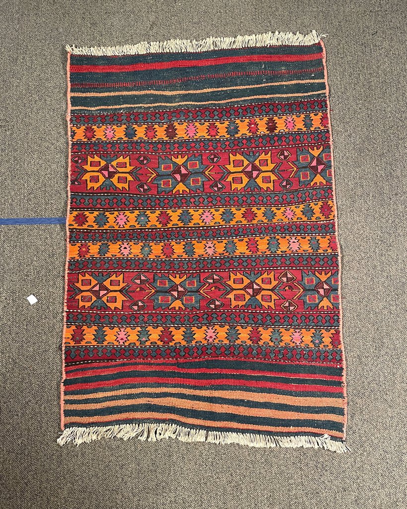 Afghan Red, Orange and Navy Blue Kilim (Northwestern Afghanistan) Rug with Pink and Blush Rose Accents- Wool on Wool Foundation