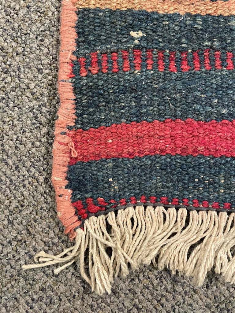 Afghan Red, Orange and Navy Blue Kilim (Northwestern Afghanistan) Rug with Pink and Blush Rose Accents- Wool on Wool Foundation