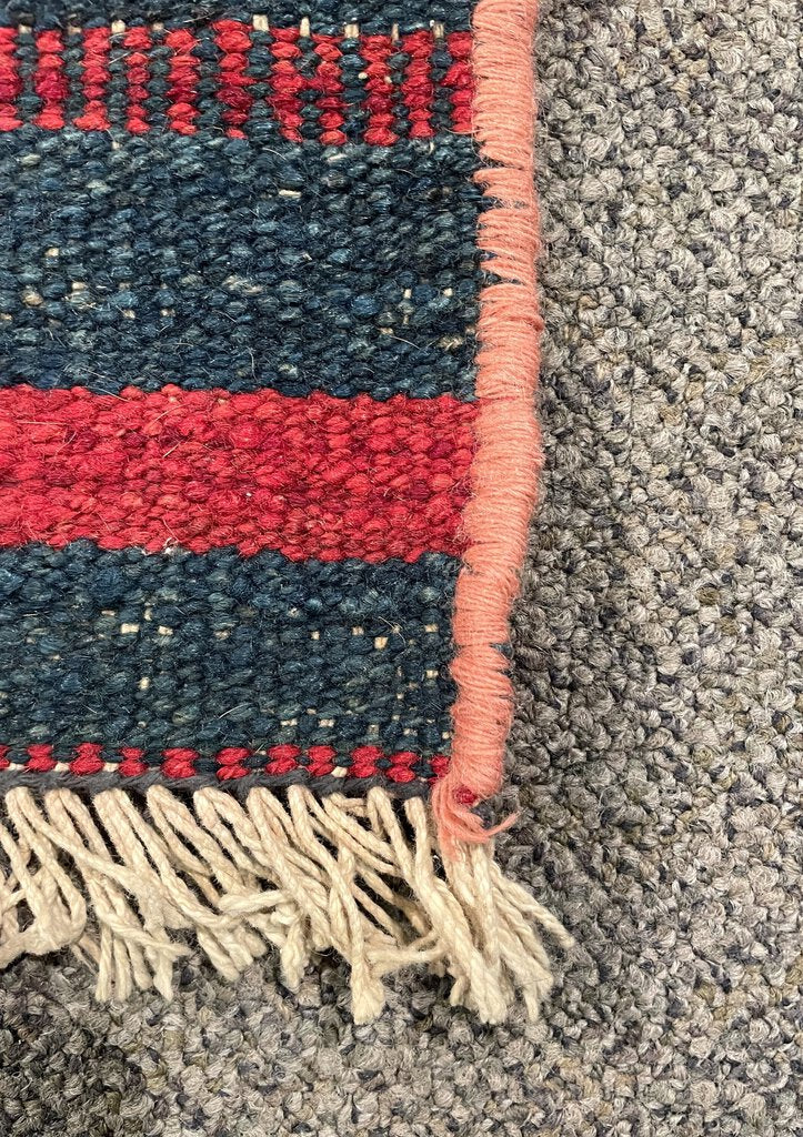 Afghan Red, Orange and Navy Blue Kilim (Northwestern Afghanistan) Rug with Pink and Blush Rose Accents- Wool on Wool Foundation