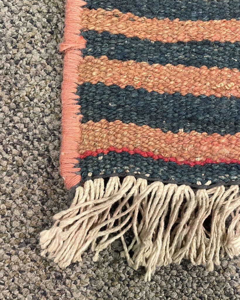 Afghan Red, Orange and Navy Blue Kilim (Northwestern Afghanistan) Rug with Pink and Blush Rose Accents- Wool on Wool Foundation