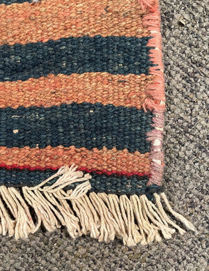 Afghan Red, Orange and Navy Blue Kilim (Northwestern Afghanistan) Rug with Pink and Blush Rose Accents- Wool on Wool Foundation