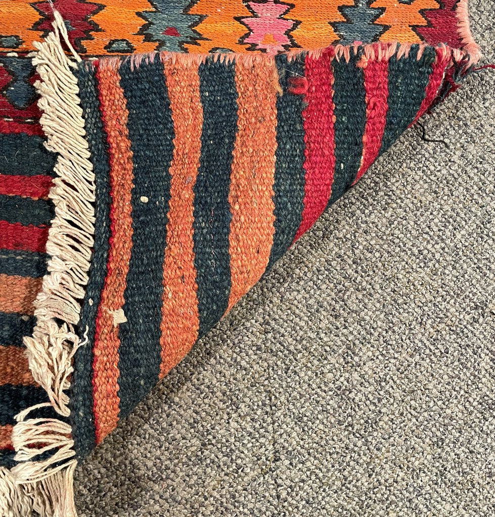 Afghan Red, Orange and Navy Blue Kilim (Northwestern Afghanistan) Rug with Pink and Blush Rose Accents- Wool on Wool Foundation