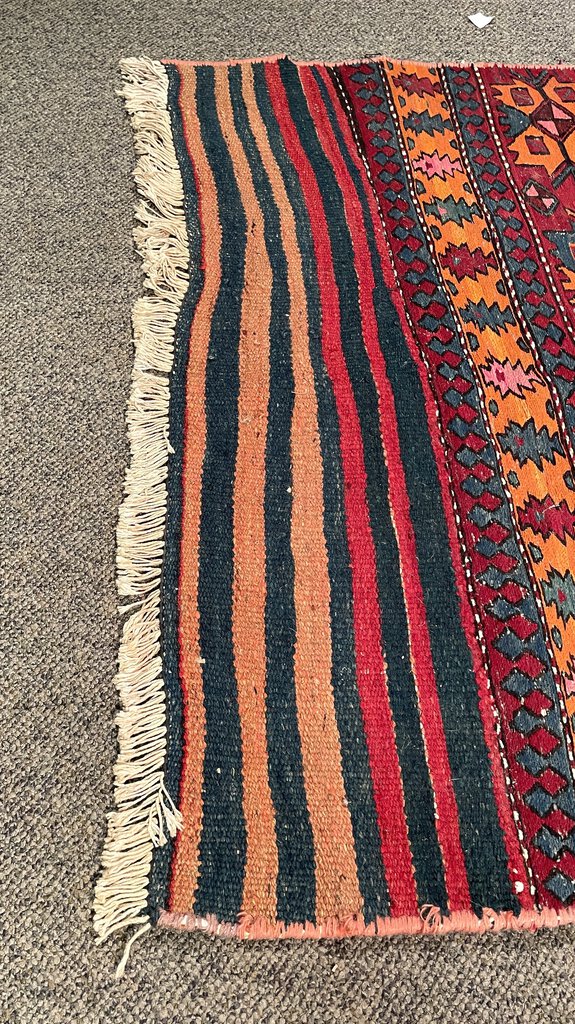 Afghan Red, Orange and Navy Blue Kilim (Northwestern Afghanistan) Rug with Pink and Blush Rose Accents- Wool on Wool Foundation