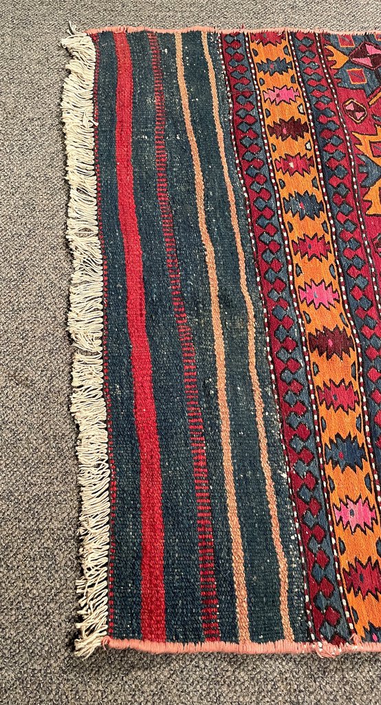 Afghan Red, Orange and Navy Blue Kilim (Northwestern Afghanistan) Rug with Pink and Blush Rose Accents- Wool on Wool Foundation