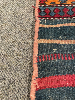 Afghan Red, Orange and Navy Blue Kilim (Northwestern Afghanistan) Rug with Pink and Blush Rose Accents- Wool on Wool Foundation