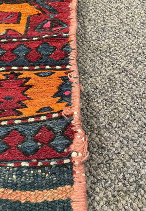 Afghan Red, Orange and Navy Blue Kilim (Northwestern Afghanistan) Rug with Pink and Blush Rose Accents- Wool on Wool Foundation