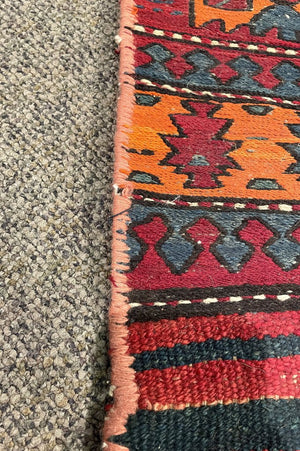 Afghan Red, Orange and Navy Blue Kilim (Northwestern Afghanistan) Rug with Pink and Blush Rose Accents- Wool on Wool Foundation