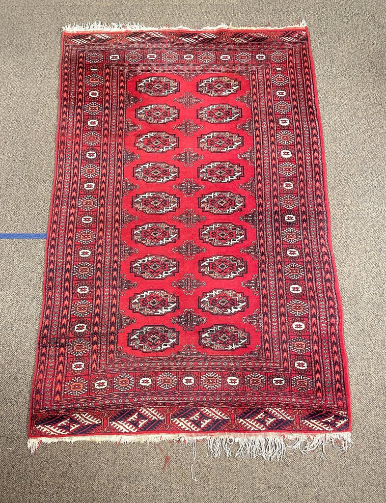 Pakistani Red Bokhara Rug with Black, White and Pink Accents - Wool on Cotton Foundation