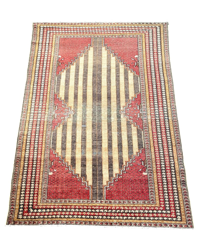 Antique Ghioirdes Handwoven Red Rug with Gold and Black Accents by Miss Daisy's Consignment & Auction House
