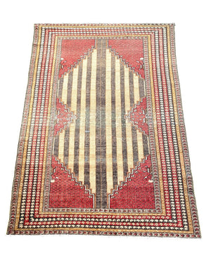 Antique Ghioirdes Handwoven Red Rug with Gold and Black Accents by Miss Daisy's Consignment & Auction House