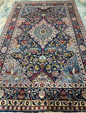 Persian Blue and Red Tabriz Rug with Olive, Light Blue and Pink Accents - Wool on Cotton Foundation