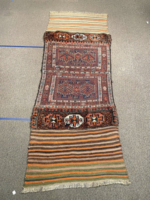 Afghan Woven Panel Orange, Brown and Rose Runner Rug with Blue Accents