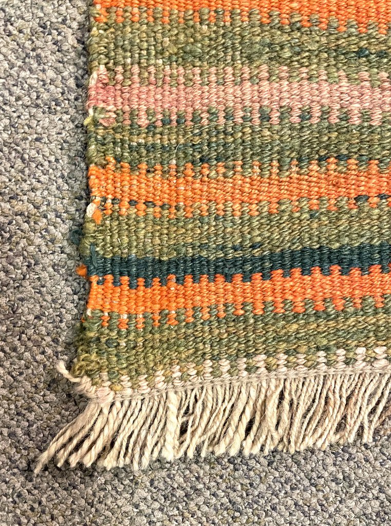 Afghan Woven Panel Orange, Brown and Rose Runner Rug with Blue Accents