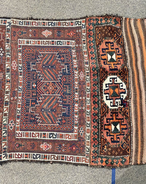 Afghan Woven Panel Orange, Brown and Rose Runner Rug with Blue Accents