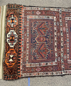 Afghan Woven Panel Orange, Brown and Rose Runner Rug with Blue Accents