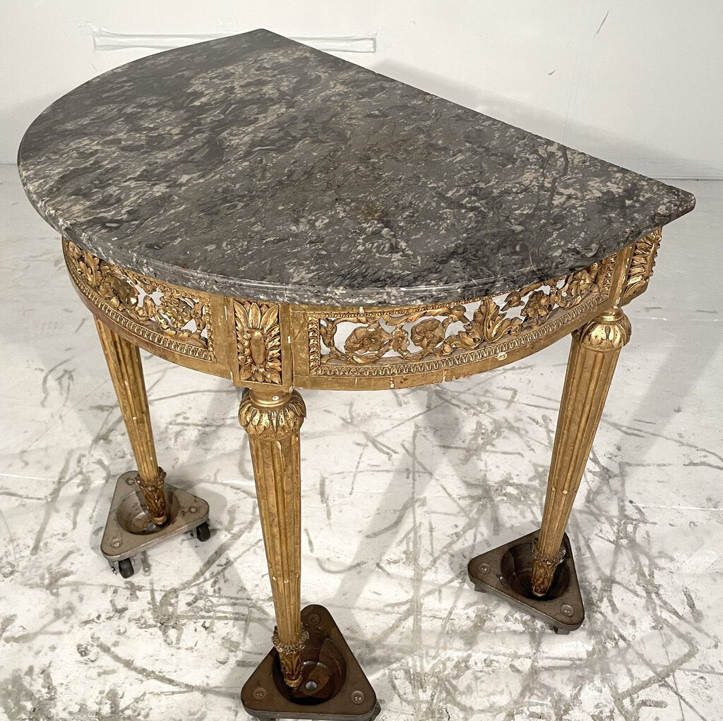 Late 18th C. French Black Marble Top Gilded Carved Demi-Lune Table