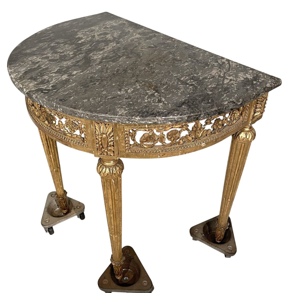 Late 18th C. French Black Marble Top Gilded Carved Demi-Lune Table by Miss Daisy's Consignment & Auction House