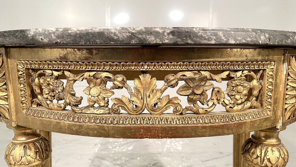 Late 18th C. French Black Marble Top Gilded Carved Demi-Lune Table
