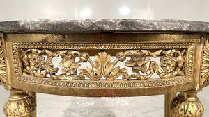 Late 18th C. French Black Marble Top Gilded Carved Demi-Lune Table