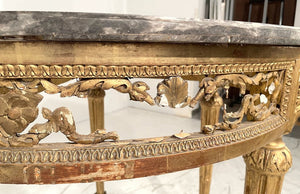 Late 18th C. French Black Marble Top Gilded Carved Demi-Lune Table