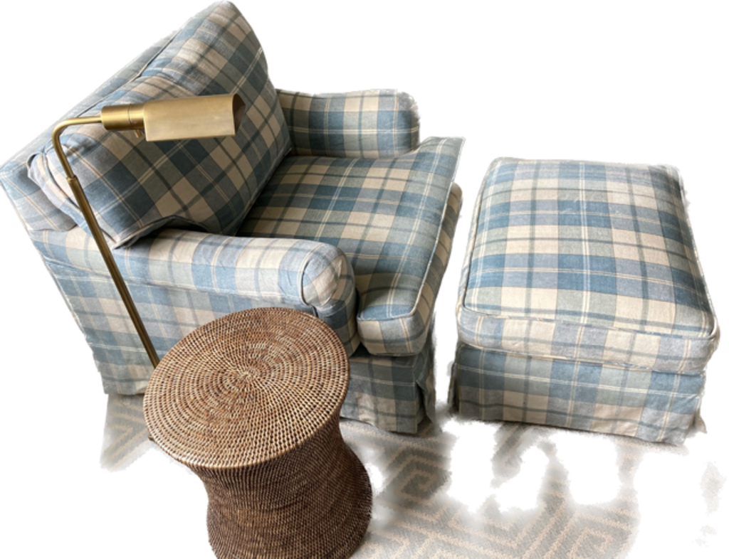 Blue Plaid Chair With Ottoman