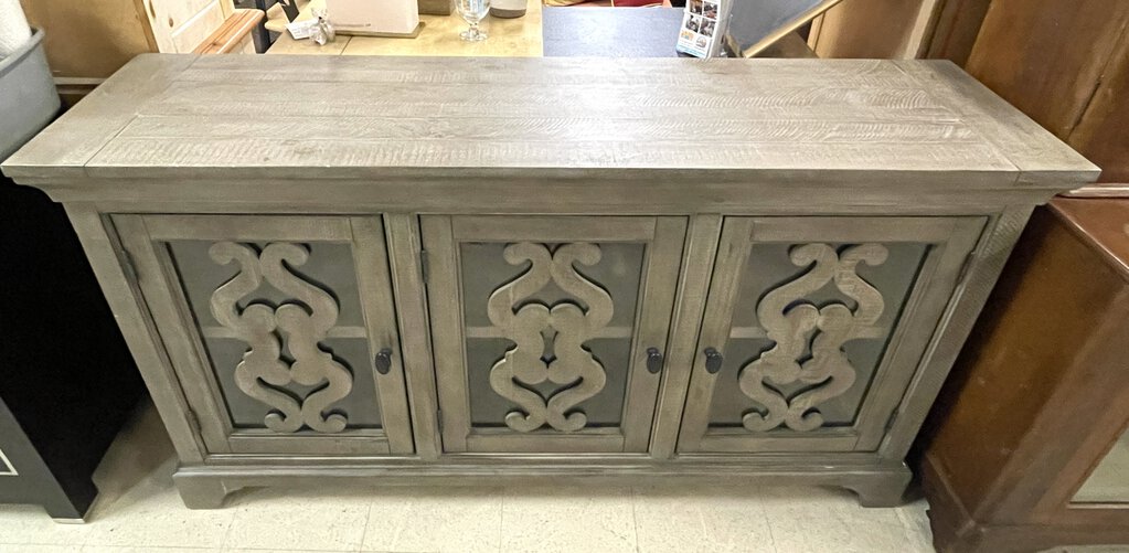 66" Grey Wood & Glass Three Drawer Console