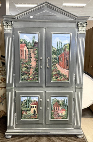 Grey Four Door Armoire w/ Hand Painted Panels