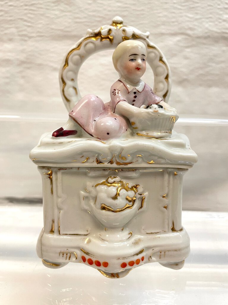 Vintage Victorian Fairing Trinket Box - Young Lady with Kitten in a Basket