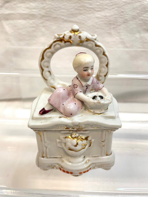 Vintage Victorian Fairing Trinket Box - Young Lady with Kitten in a Basket