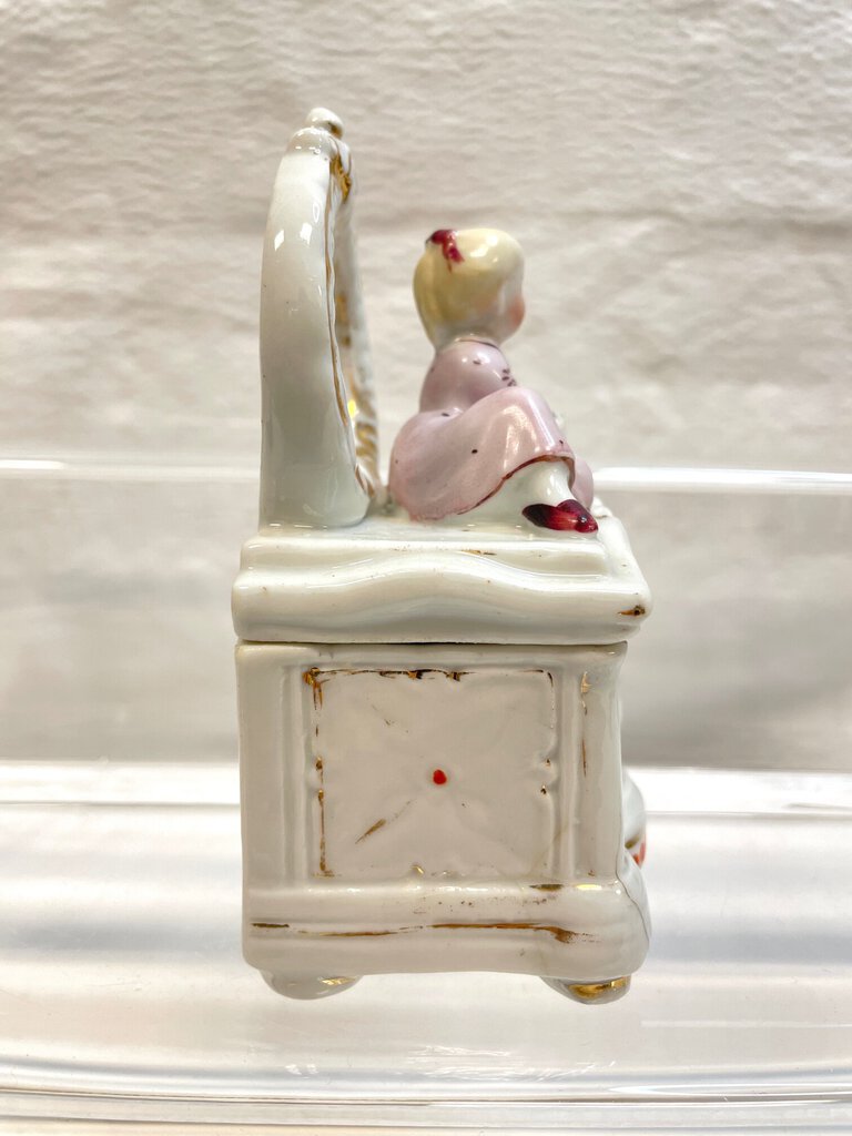 Vintage Victorian Fairing Trinket Box - Young Lady with Kitten in a Basket