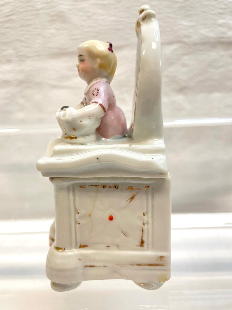 Vintage Victorian Fairing Trinket Box - Young Lady with Kitten in a Basket