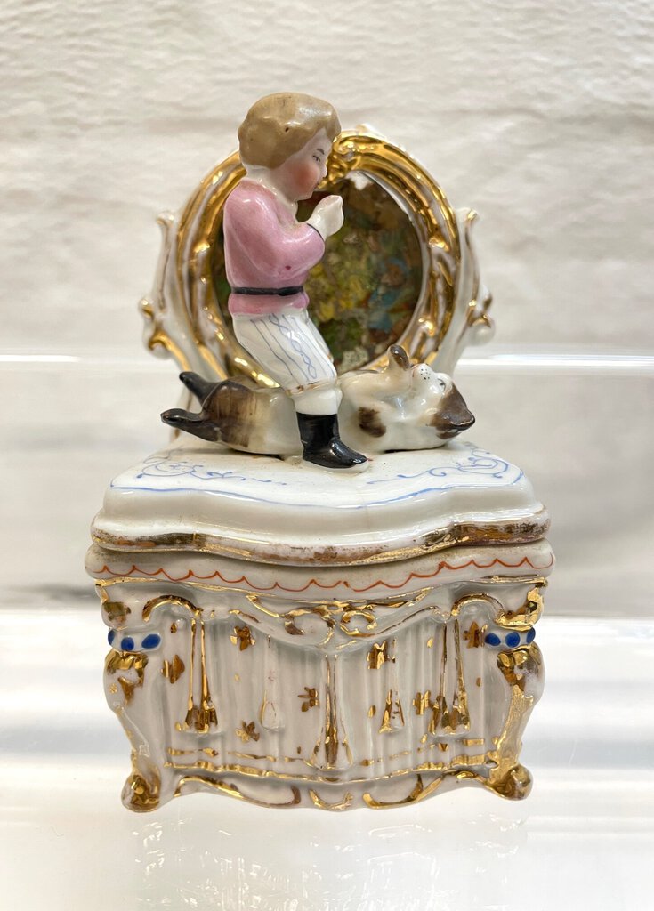 Vintage Victorian Fairing Trinket Box - Boy Training Dog